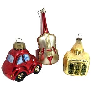 Set Of 3 Vtg Glass Holiday Christmas Ornaments Western Germany Church Car Guitar
